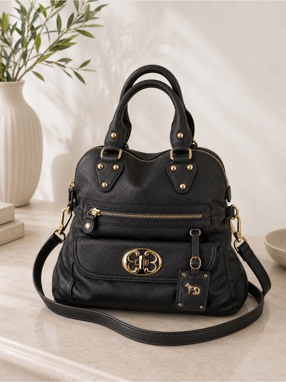 Emma Fox Black Pebbled Leather Satchel Crossbody Bag Gold Hardware tote